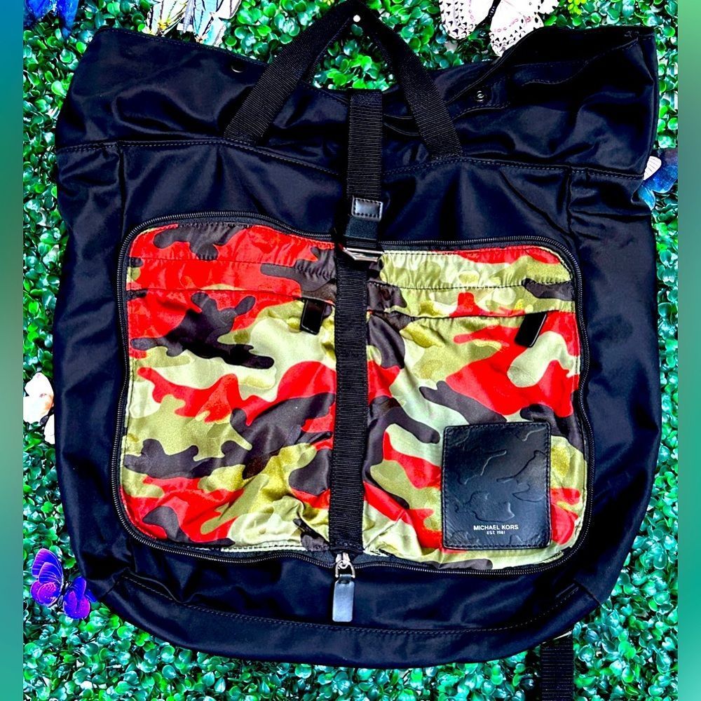 Michael Kors 2 Way Poly Collapsable Orange Camo Messenger/Backpack